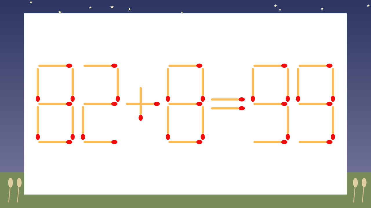 【マッチ棒クイズ】1本だけ動かして正しい式に：82+8=99？の問題イメージ