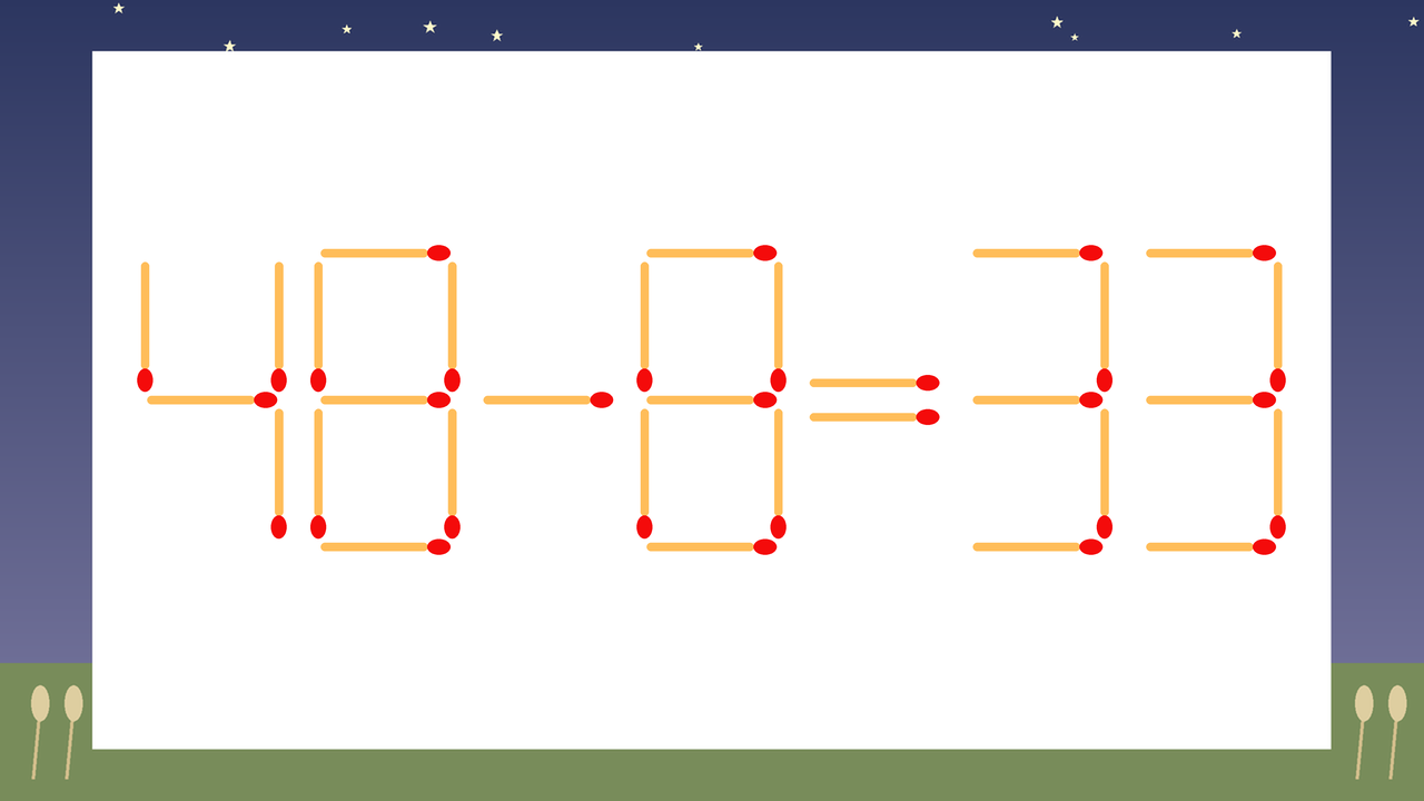 【マッチ棒クイズ】1本だけ動かして正しい式に：48-8=33？