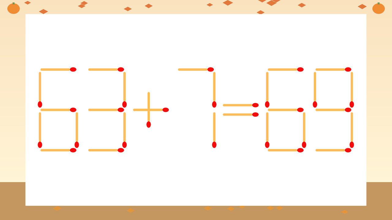 【マッチ棒クイズ】1本だけ動かして正しい式に：63+7=69？