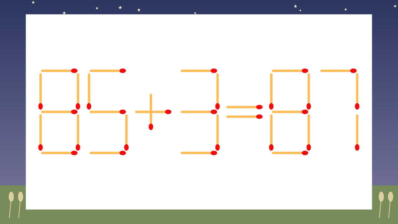 【マッチ棒クイズ】1本だけ動かして正しい式に：85+3=87？の問題イメージ