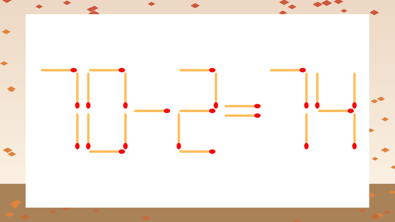 【マッチ棒クイズ】1本だけ動かして正しい式に：70-2=74？の問題イメージ