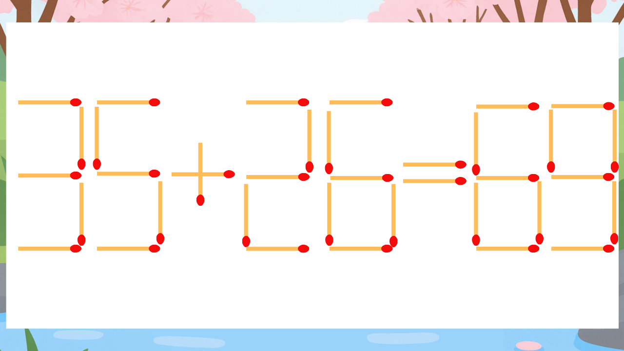 【マッチ棒クイズ】1本だけ動かして正しい式に：35+26=69？
