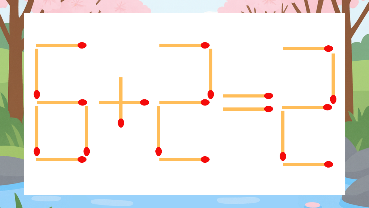 【マッチ棒クイズ】1本だけ動かして正しい式に：6+2=2？