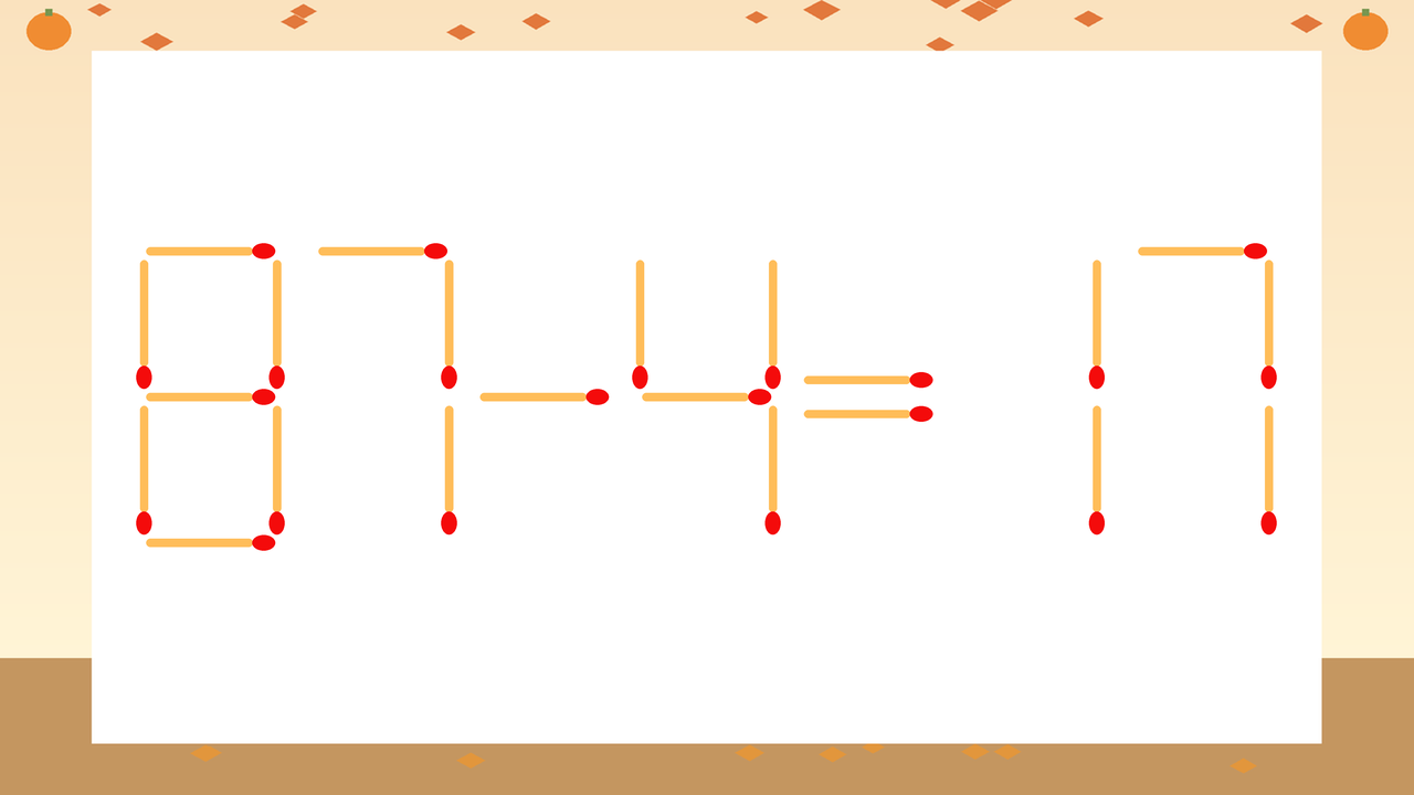【マッチ棒クイズ】1本だけ動かして正しい式に：87-4=17？の問題イメージ