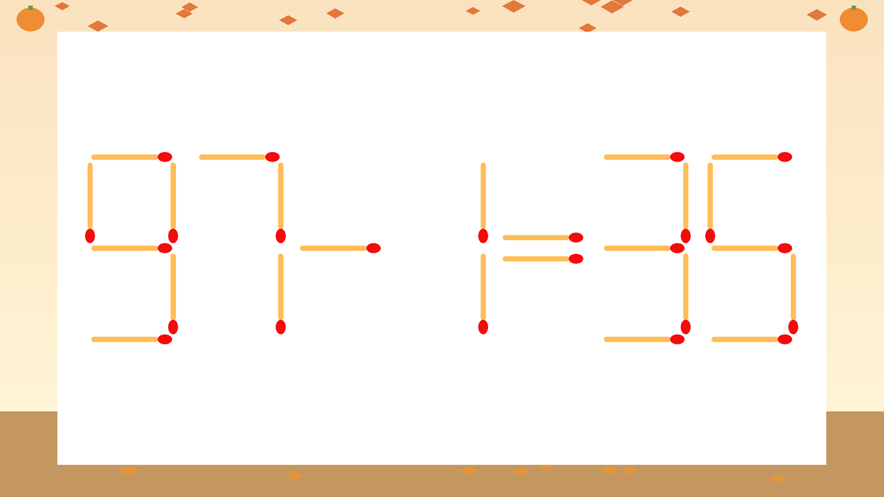 【マッチ棒クイズ】1本だけ動かして正しい式に:97-1=35?