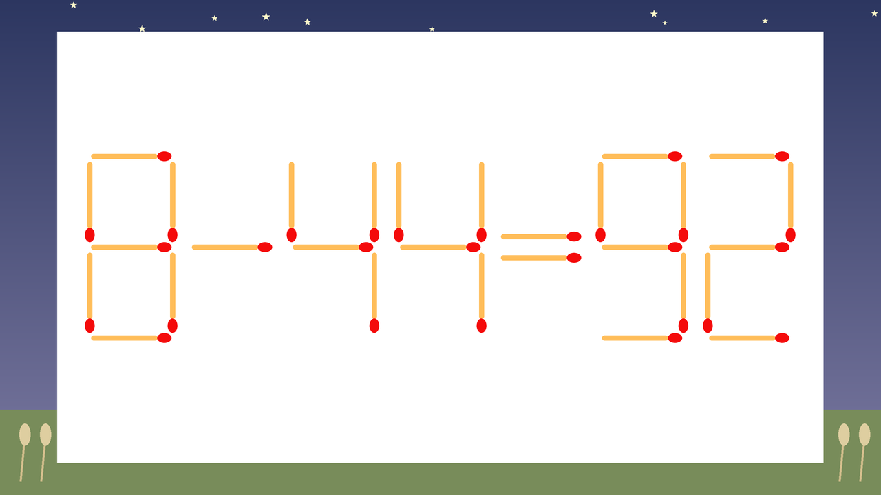 【マッチ棒クイズ】1本だけ動かして正しい式に：8-44=92？