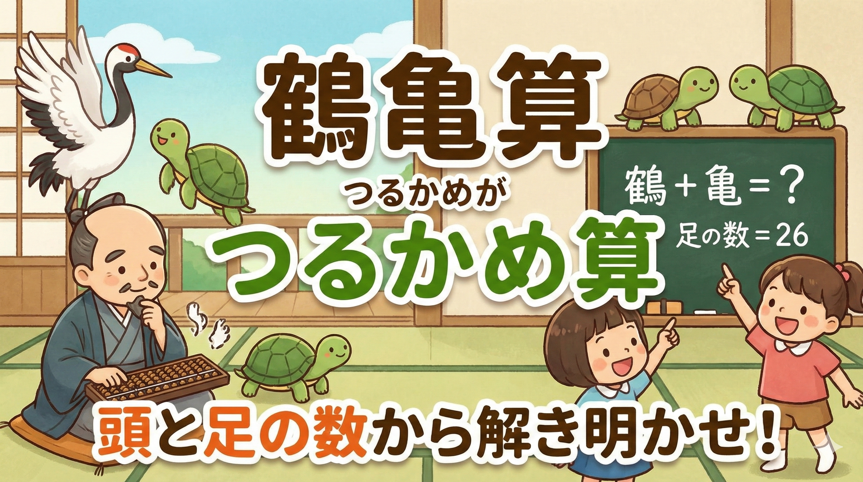 【鶴亀算】足の合計28本からカメの数を求めるの問題イメージ