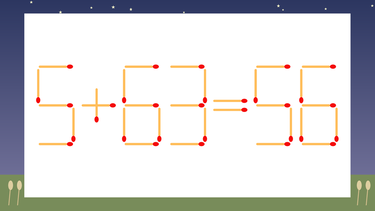【マッチ棒クイズ】1本だけ動かして正しい式に：5+63=56？