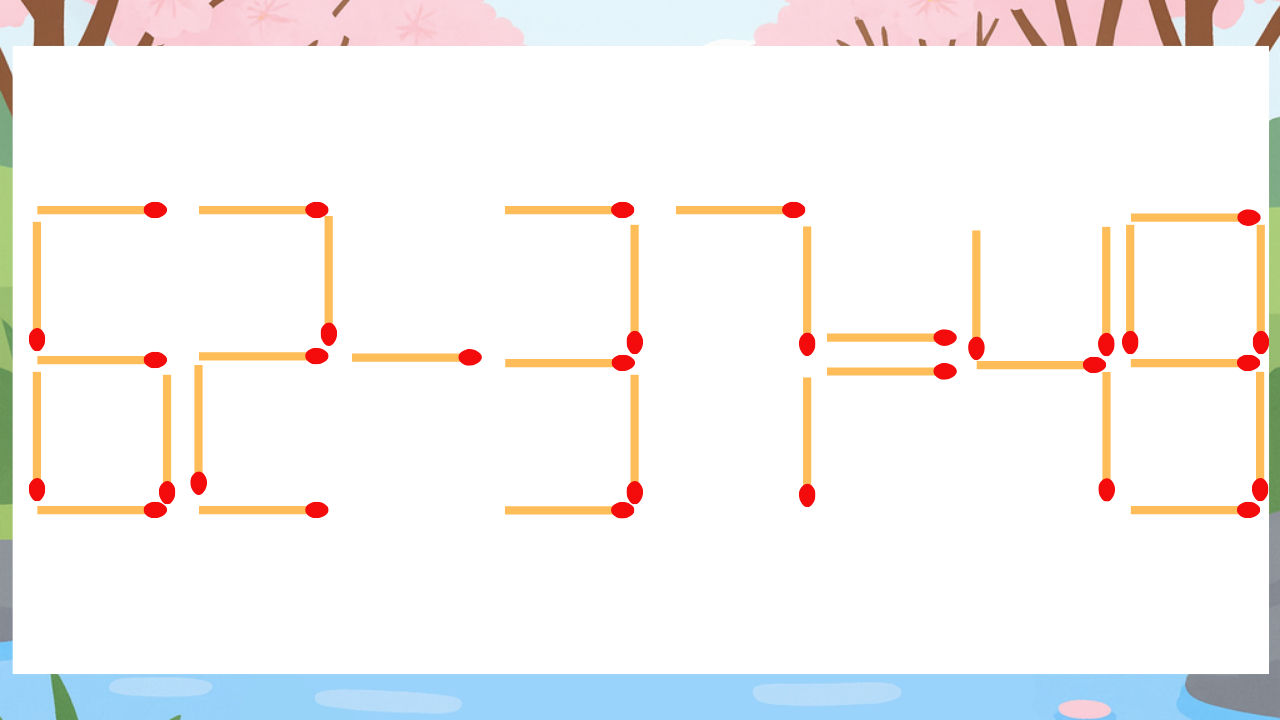 【マッチ棒クイズ】1本だけ動かして正しい式に：62-37=49？