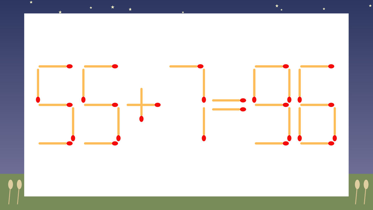 【マッチ棒クイズ】1本だけ動かして正しい式に：55+7=96？の問題イメージ