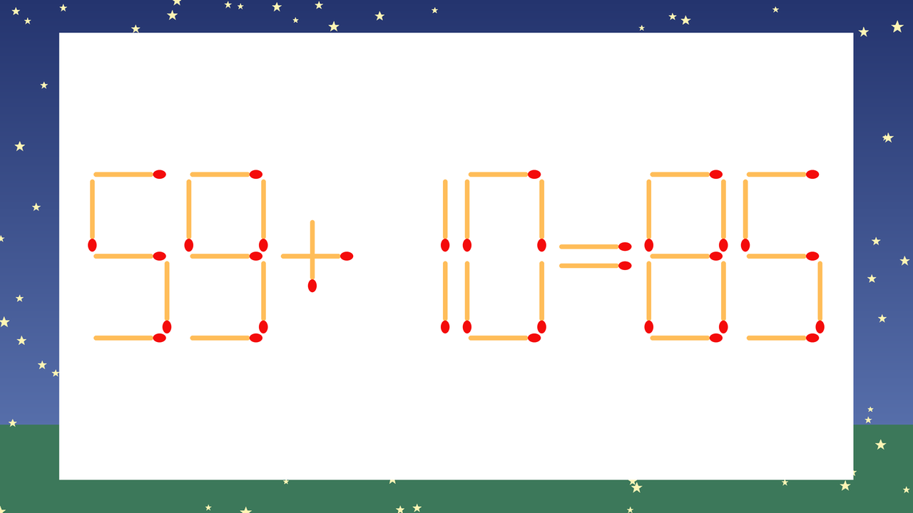 【マッチ棒クイズ】1本だけ動かして正しい式に：59+10=85？