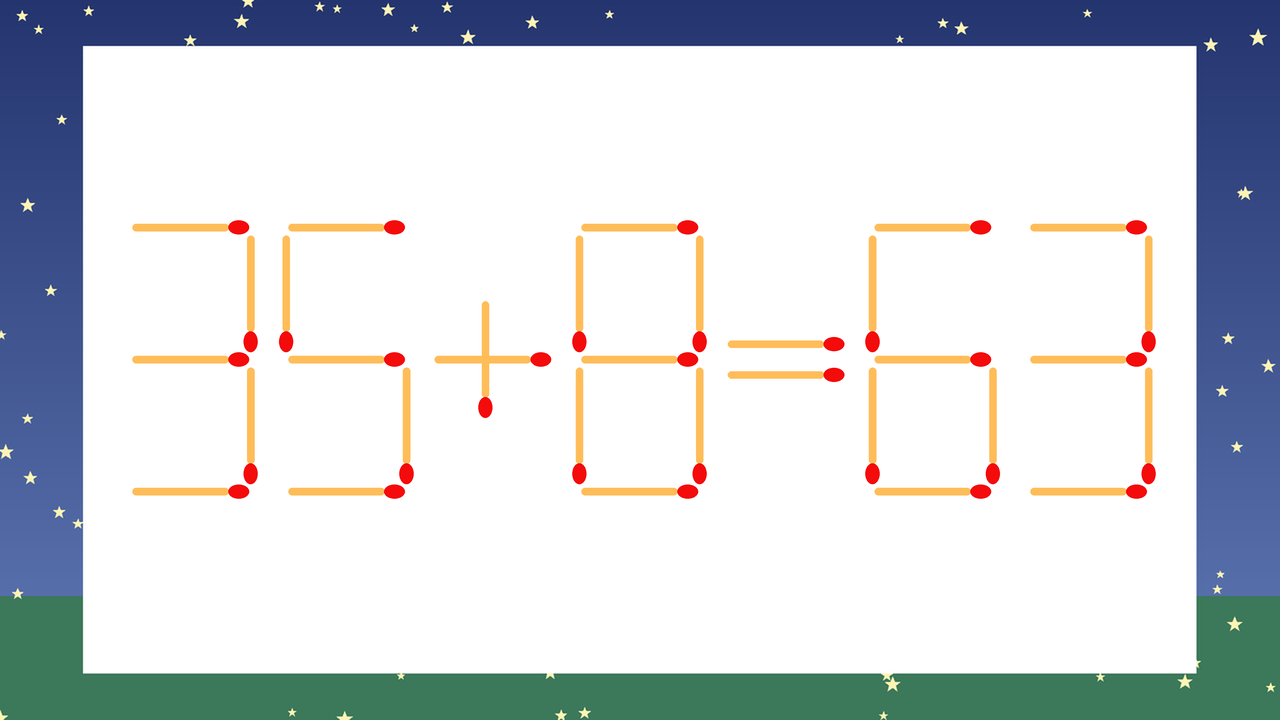 【マッチ棒クイズ】1本だけ動かして正しい式に：35+8=63？