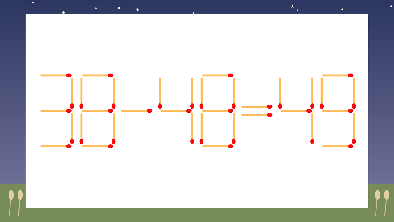 【マッチ棒クイズ】1本だけ動かして正しい式に：38-48=49？