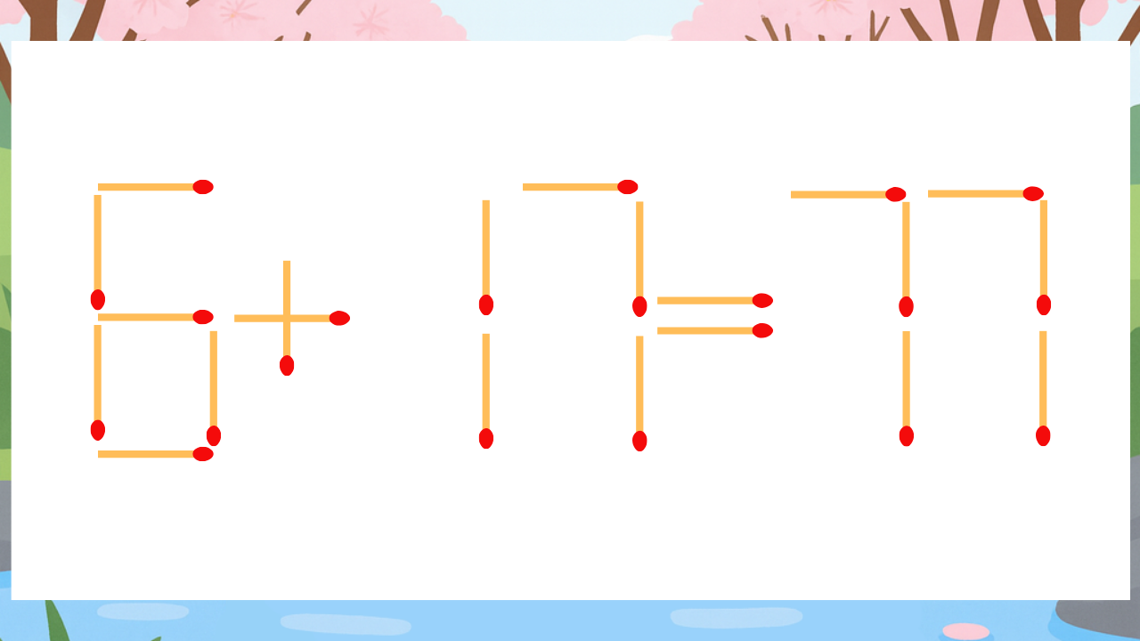 【マッチ棒クイズ】1本だけ動かして正しい式に：6+17=77？