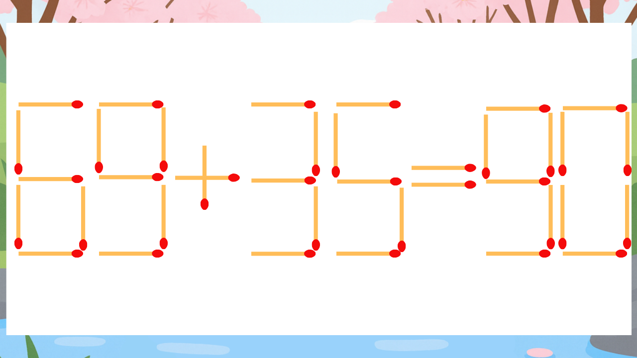 【マッチ棒クイズ】1本だけ動かして正しい式に：69+35=90？の問題イメージ