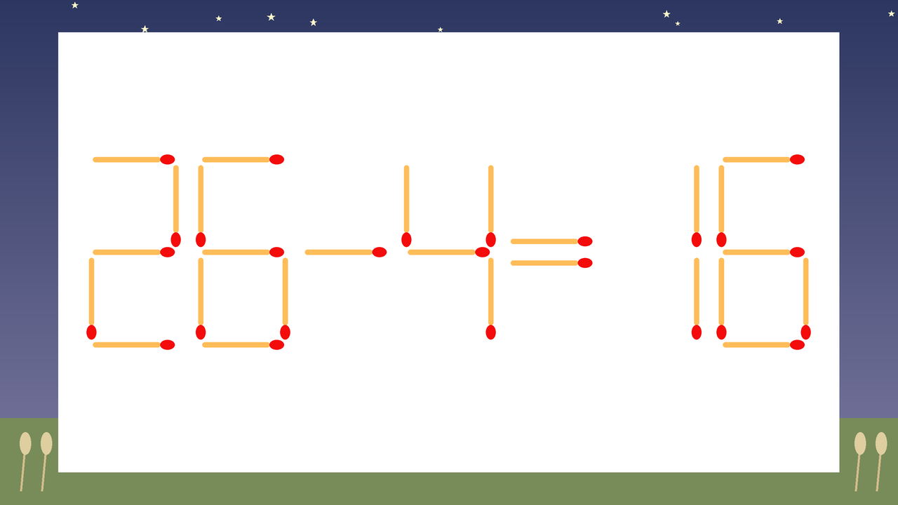 【マッチ棒クイズ】1本だけ動かして正しい式に：26-4=16？の問題イメージ