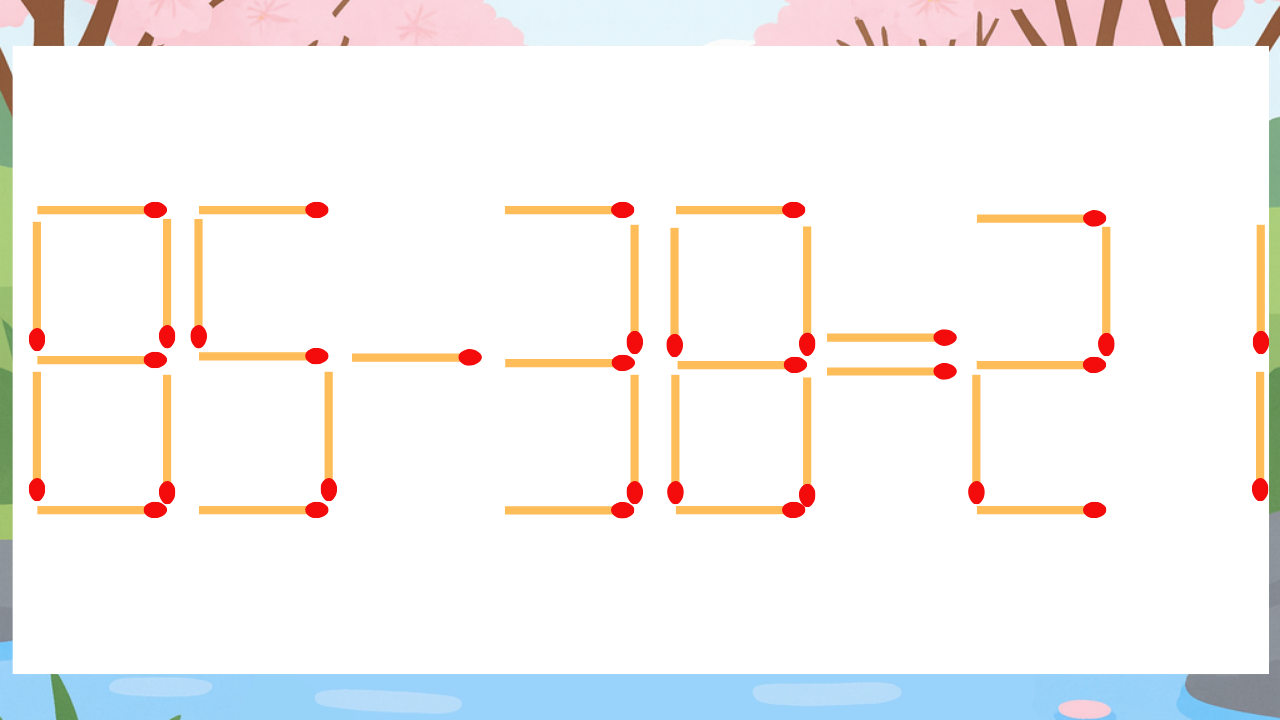 【マッチ棒クイズ】1本だけ動かして正しい式に：85-38=21？