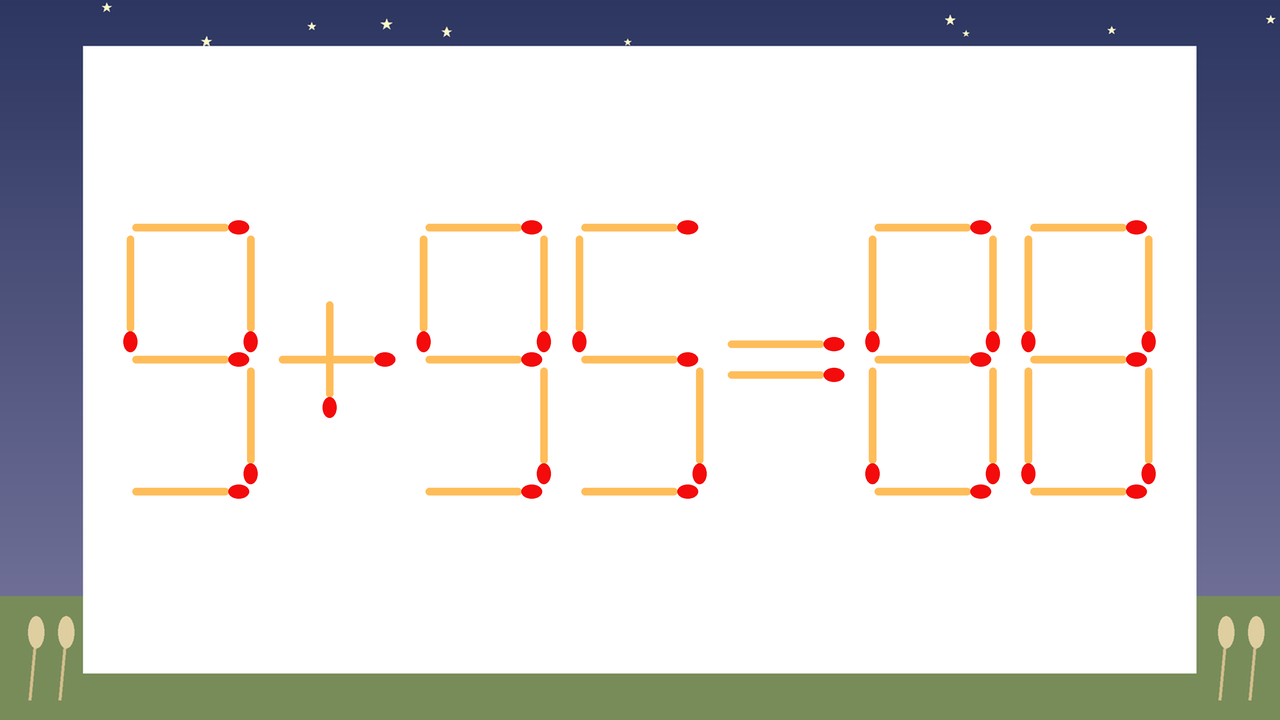 【マッチ棒クイズ】1本だけ動かして正しい式に：9+95=88？の問題イメージ