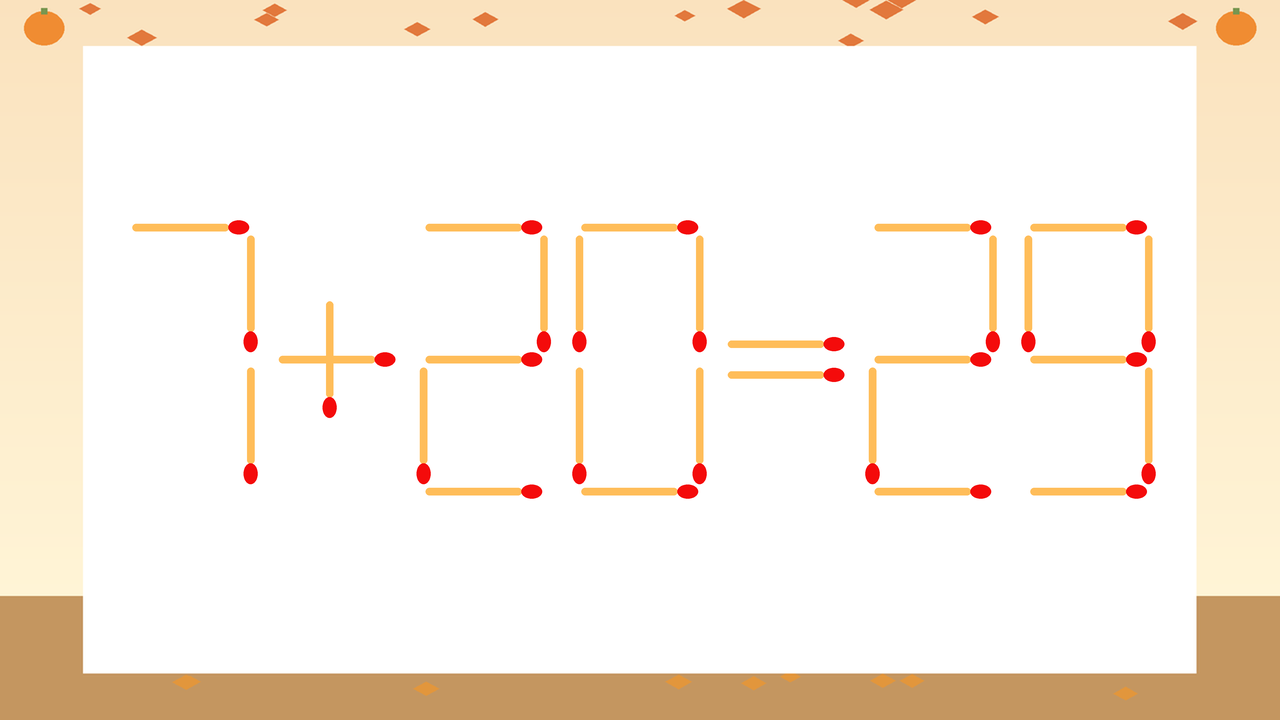 【マッチ棒クイズ】1本だけ動かして正しい式に：7+20=29？