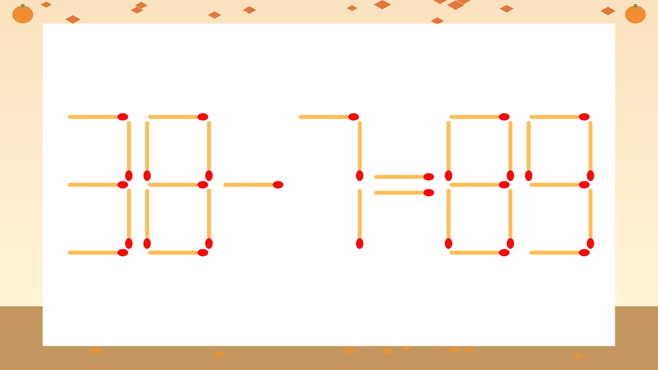 【マッチ棒クイズ】1本だけ動かして正しい式に：38-7=89？