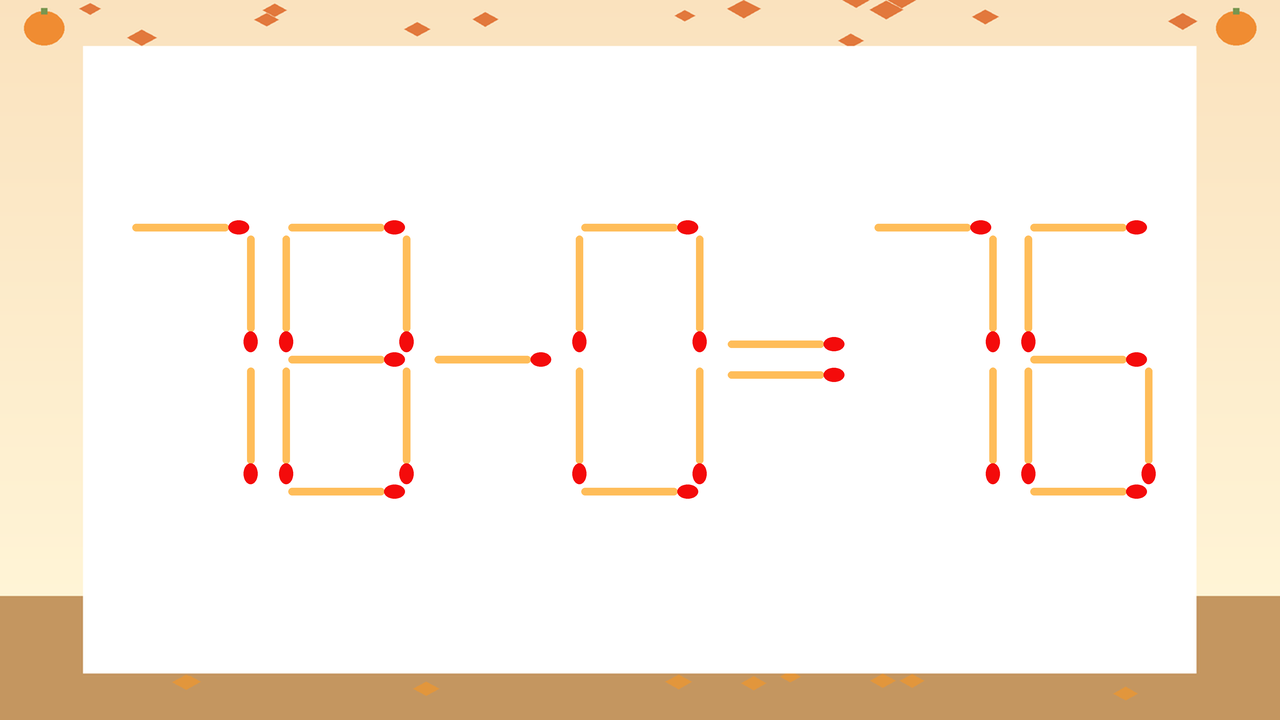【マッチ棒クイズ】1本だけ動かして正しい式に：78-0=76？の問題イメージ