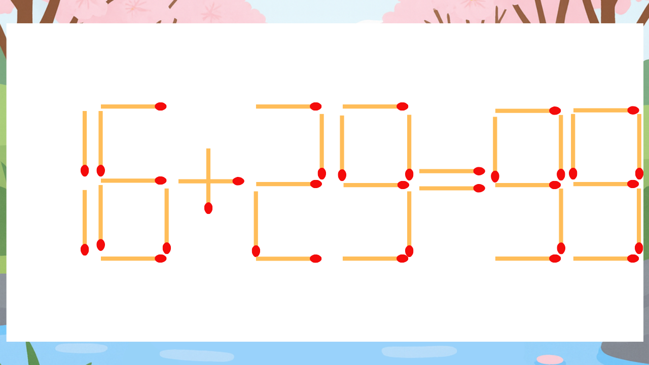 【マッチ棒クイズ】1本だけ動かして正しい式に：16+29=99？