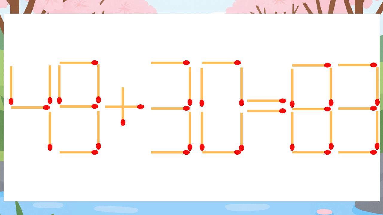 【マッチ棒クイズ】1本だけ動かして正しい式に：49+30=83？