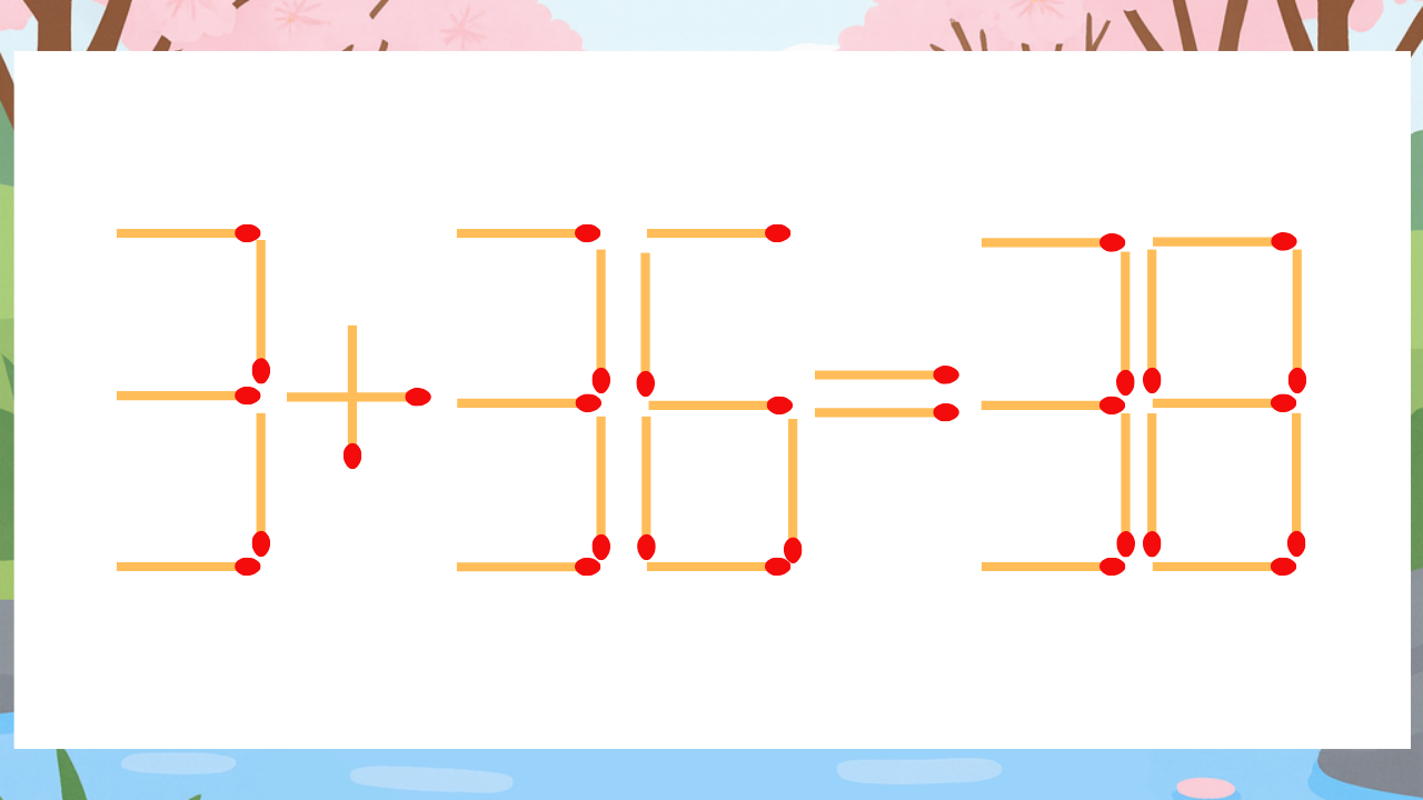 【マッチ棒クイズ】1本だけ動かして正しい式に：3+36=38？