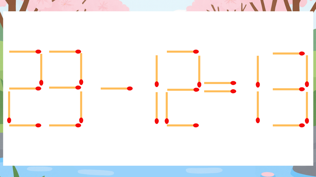 【マッチ棒クイズ】1本だけ動かして正しい式に：23-12=13？
