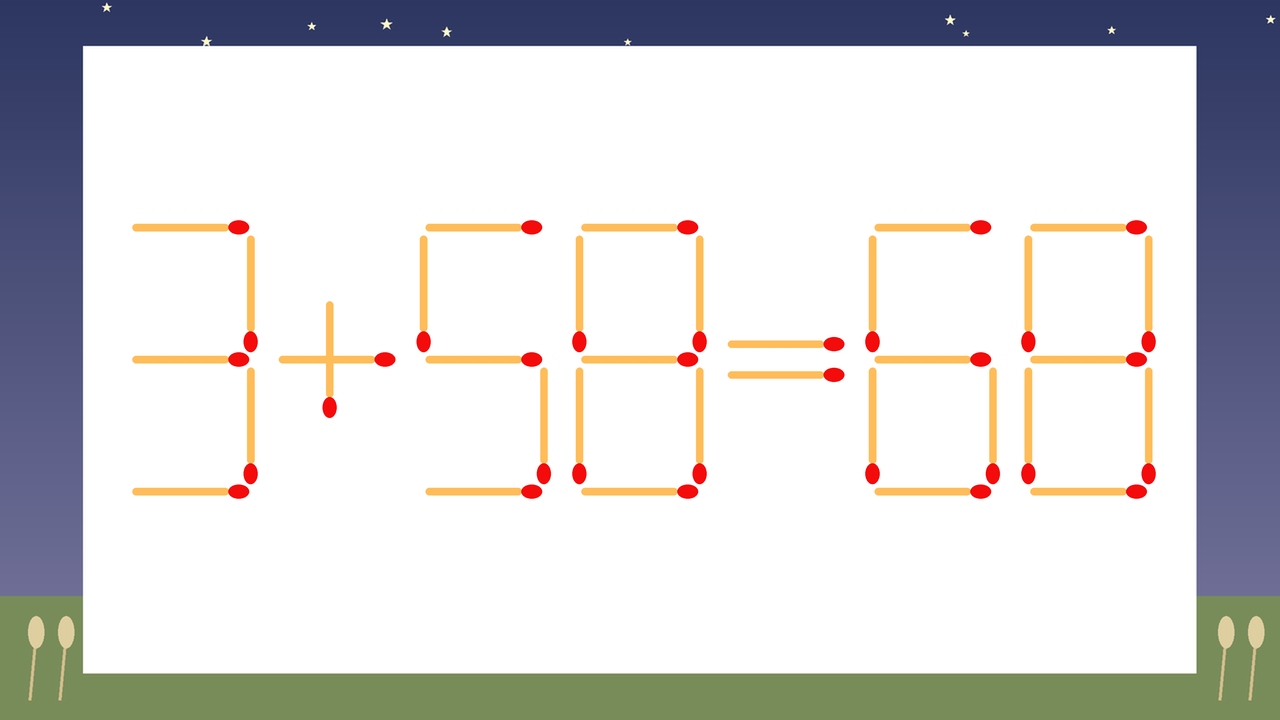 【マッチ棒クイズ】1本だけ動かして正しい式に：3+58=68？