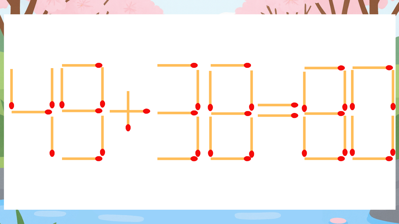【マッチ棒クイズ】1本だけ動かして正しい式に：49+38=80？の問題イメージ