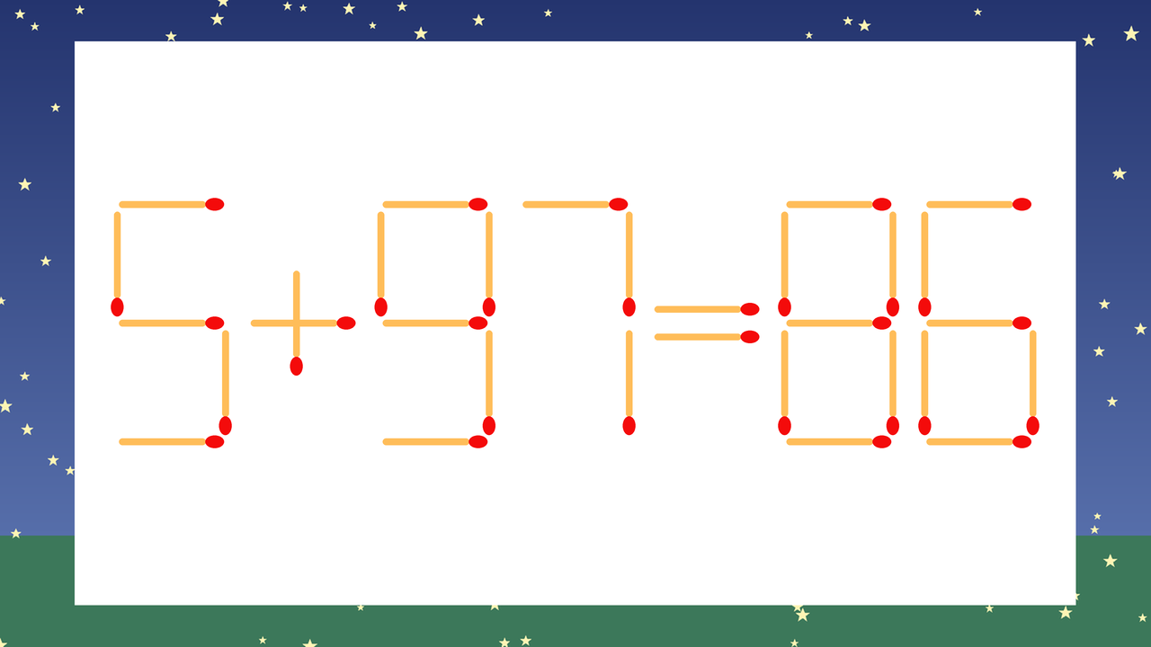 【マッチ棒クイズ】1本だけ動かして正しい式に：5+97=86？