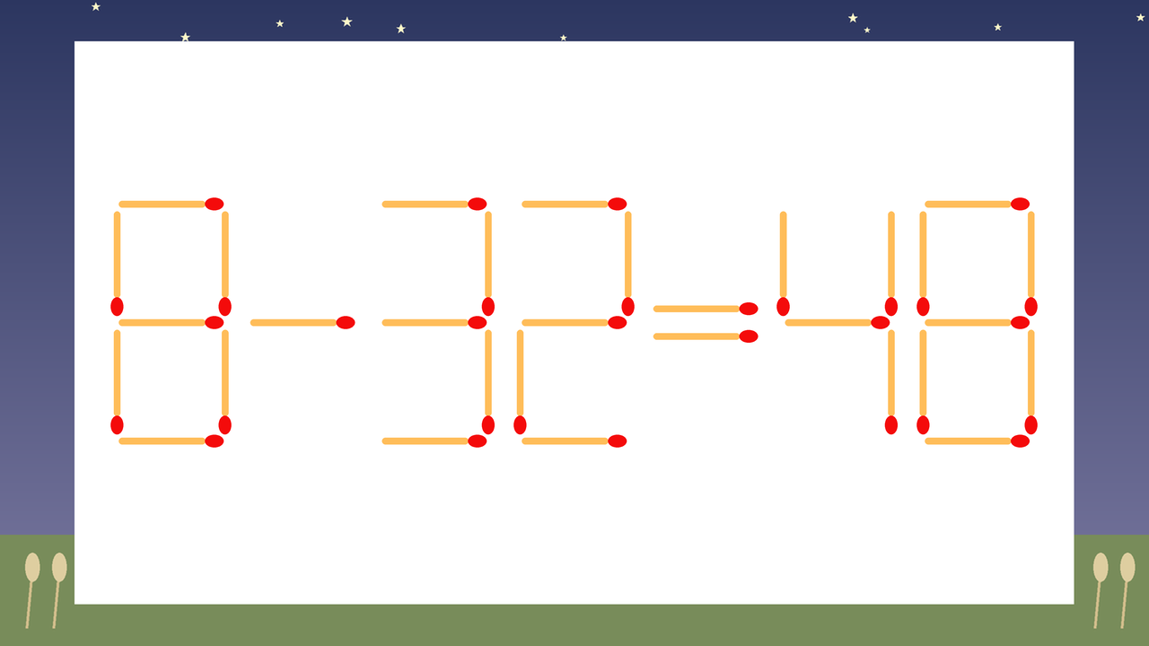 【マッチ棒クイズ】1本だけ動かして正しい式に：8-32=48？の問題イメージ