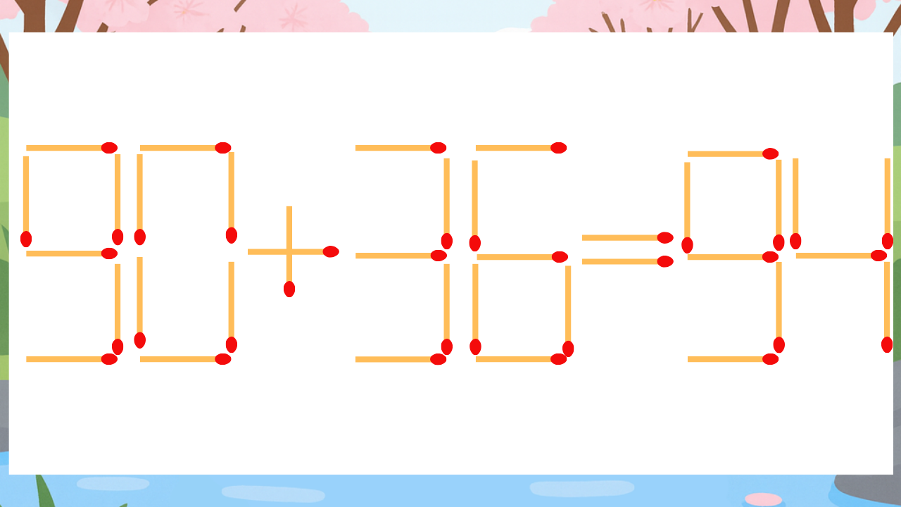 【マッチ棒クイズ】1本だけ動かして正しい式に：90+36=94？