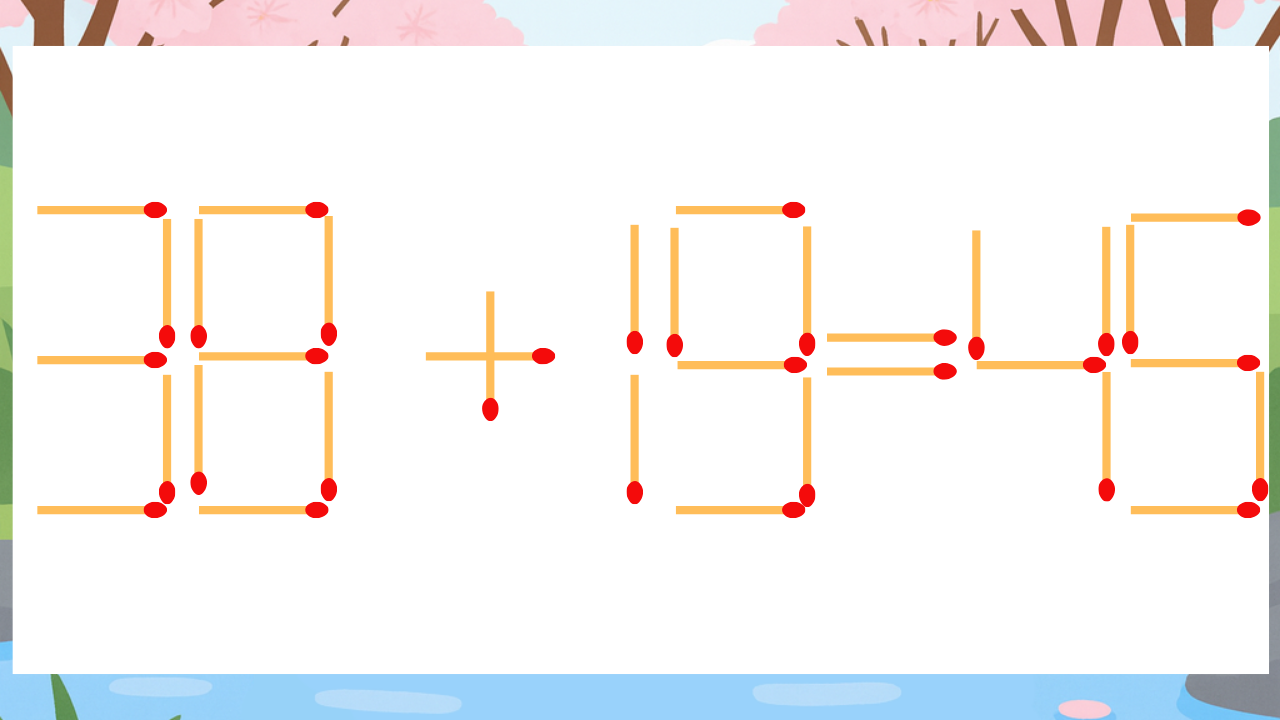 【マッチ棒クイズ】1本だけ動かして正しい式に：38+19=45？