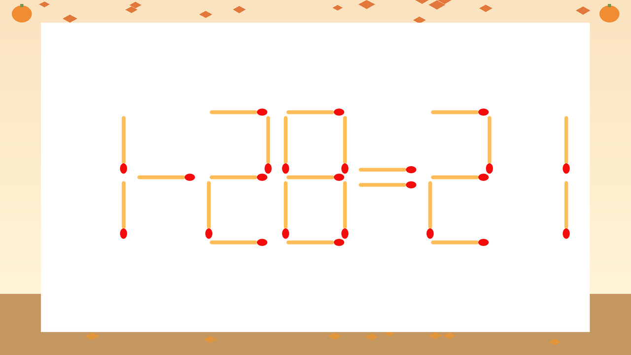 【マッチ棒クイズ】1本だけ動かして正しい式に：1-28=21？の問題イメージ