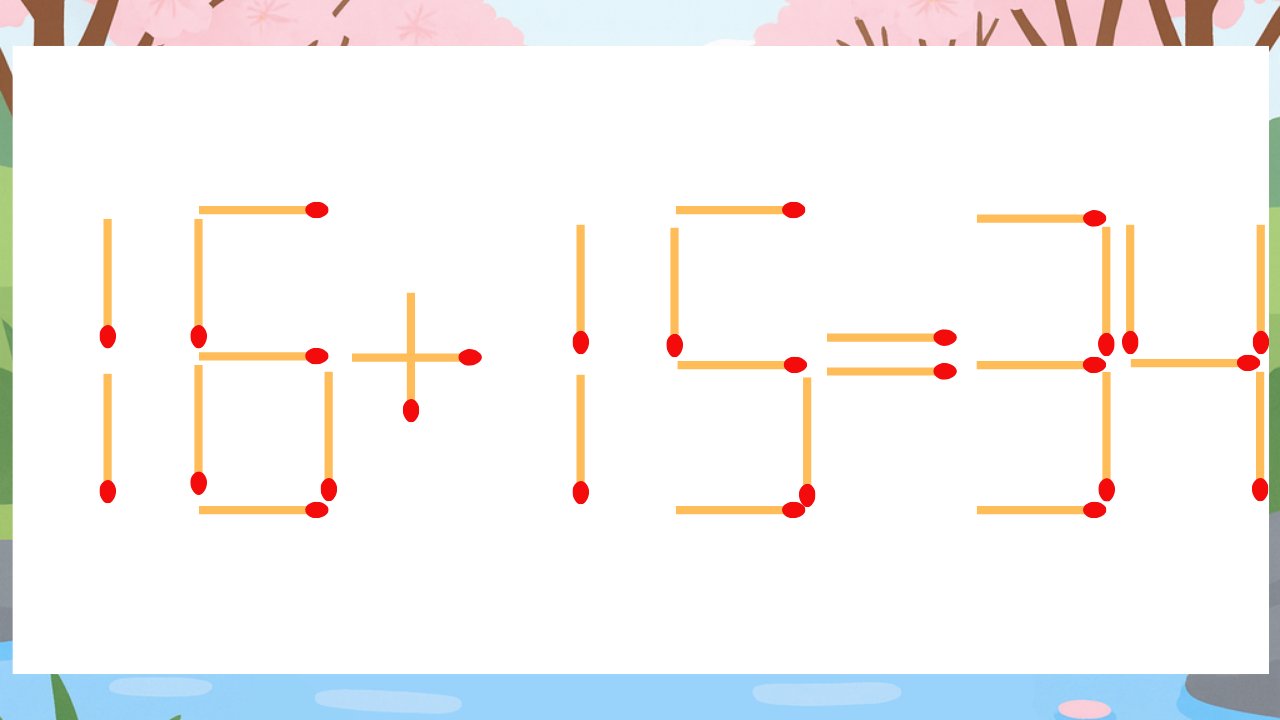 【マッチ棒クイズ】1本だけ動かして正しい式に：16+15=34？