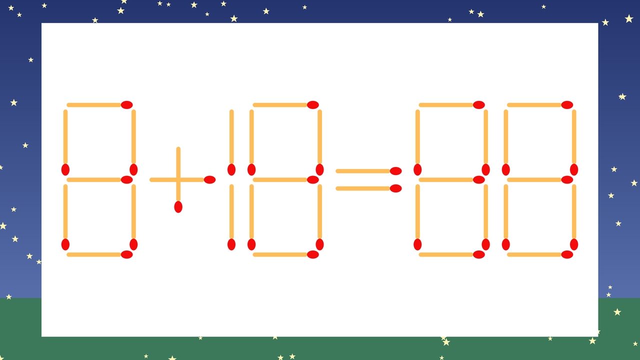 【マッチ棒クイズ】1本だけ動かして正しい式に：8+18=88？