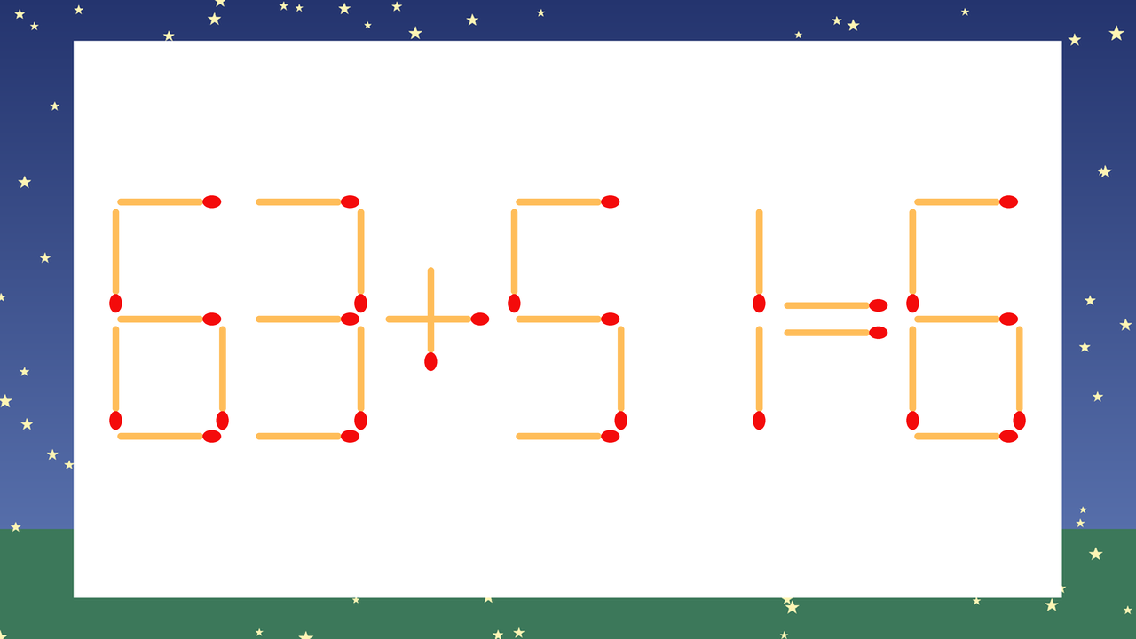 【マッチ棒クイズ】1本だけ動かして正しい式に：63+51=6？の問題イメージ