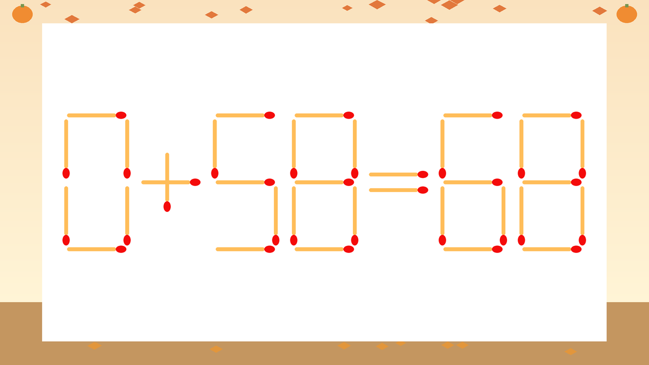 【マッチ棒クイズ】1本だけ動かして正しい式に：0+58=68？の問題イメージ