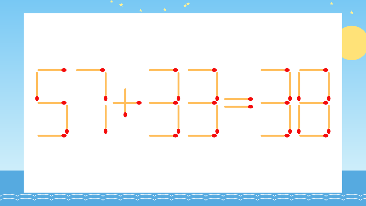 【マッチ棒クイズ】1本だけ動かして正しい式に：57+33=38？