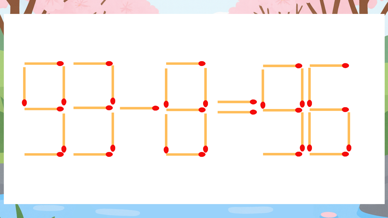 【マッチ棒クイズ】1本だけ動かして正しい式に：93-8=96？