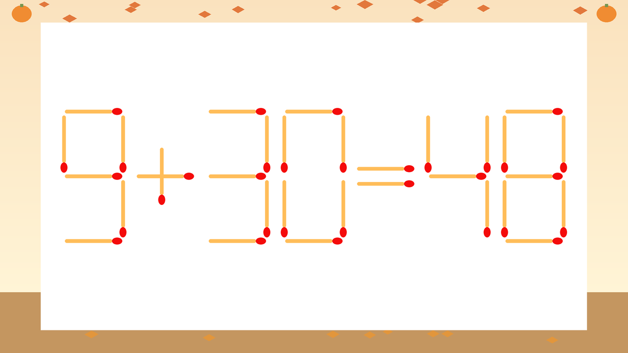 【マッチ棒クイズ】1本だけ動かして正しい式に：9+30=48？