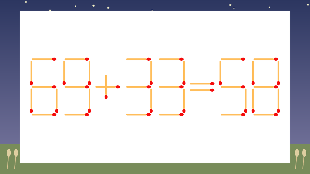 【マッチ棒クイズ】1本だけ動かして正しい式に：69+33=58？