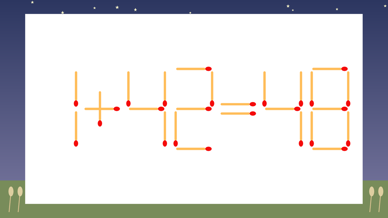 【マッチ棒クイズ】1本だけ動かして正しい式に：1+42=48？の問題イメージ