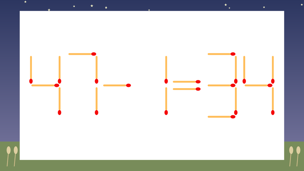【マッチ棒クイズ】1本だけ動かして正しい式に：47-1=34？