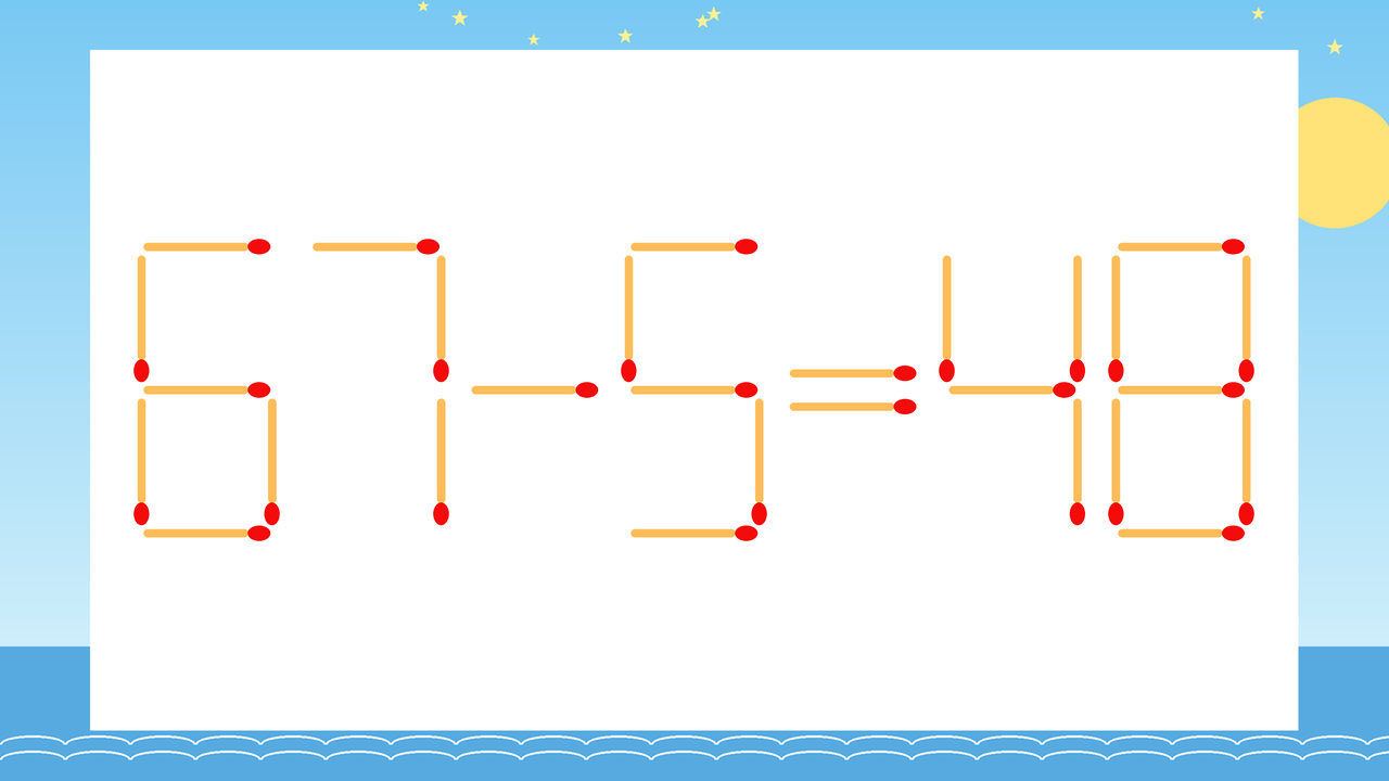 【マッチ棒クイズ】1本だけ動かして正しい式に：67-5=48？の問題イメージ