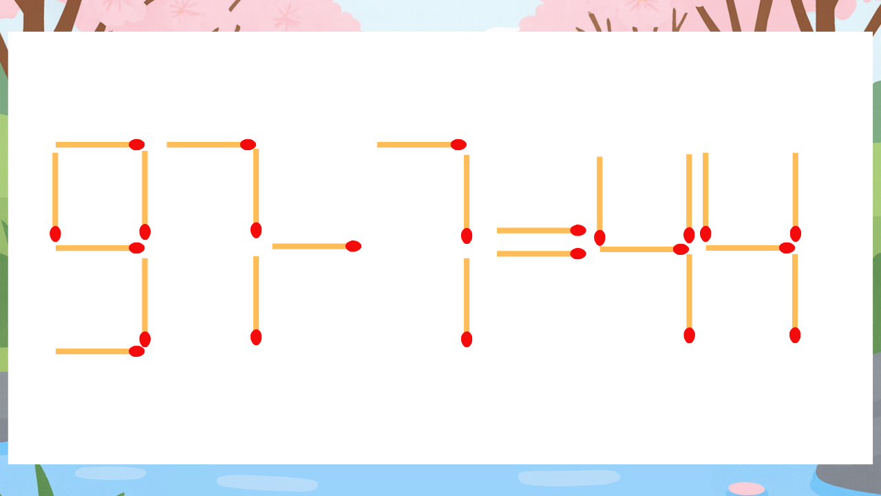 【マッチ棒クイズ】1本だけ動かして正しい式に：97-7=44？の問題イメージ
