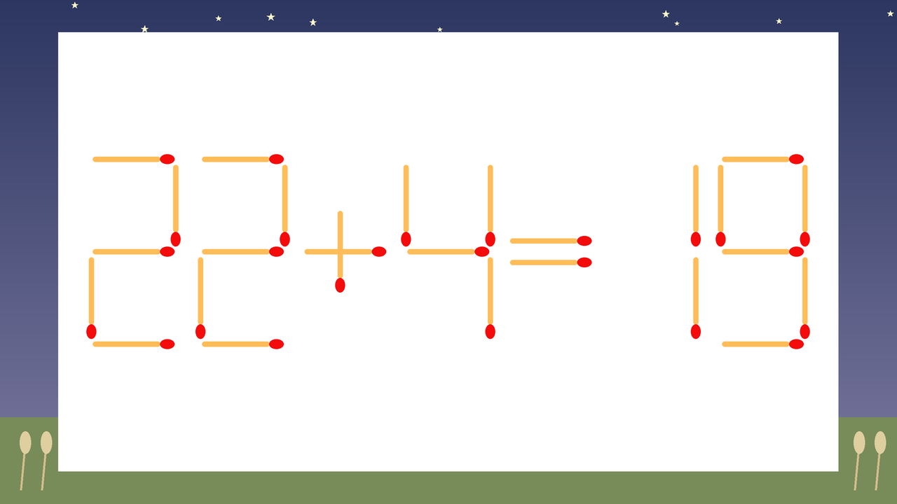 【マッチ棒クイズ】1本だけ動かして正しい式に：22+4=19？の問題イメージ
