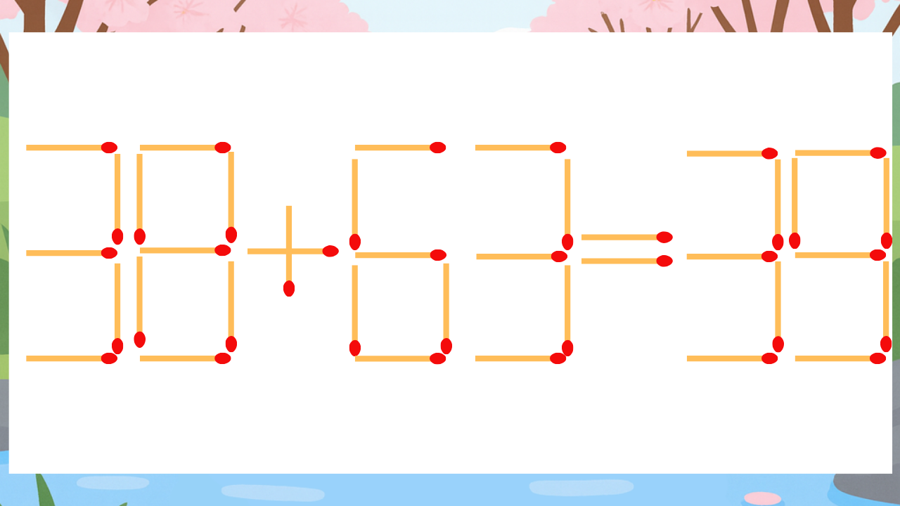 【マッチ棒クイズ】1本だけ動かして正しい式に：38+63=39？